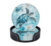 6 Pcs Blue Sea Turtle Seaweed Leather Coasters for Drinks with Holder Coaster Sets Drink Table Cup Coasters for Living Room Kitchen Coffee Decor