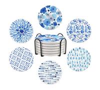 6 Pcs Blue Watercolor Ceramic Coaster with Holder, Art Absorbent Drink Coasters for Drinking, Round Non-Slip Drink Coffee Bar Mug Cup Decoration Gifts