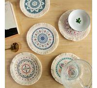 6 PCS Boho Drink Coasters, Bar Coasters for Drink, Mandala Pattern 5.5 inch Woven Absorbent Heat Resistant Round Cotton Placemats for Coffee Table Bar Tabletop Protection