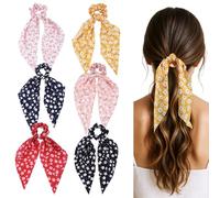 6 Pcs Bow Scarf Scrunchies for Women Floral Hair Scarf with Long Ribbon Bow Scrunchies Boho Elastic Floral Bow Hair Ties Hair Accessories for Women Girls Floral Head Scarf Bow Hair Ribbons