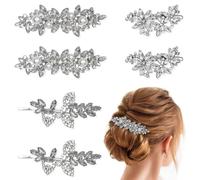6 Pcs Bridal Hair Pins, Gorgeous Rhinestone Wedding Hair Clips with Crystal Pearl Flowers, Silver Leaf Wedding Hairpin Bride Hair Clip for Women Bridesmaids Wedding Party Dance Prom