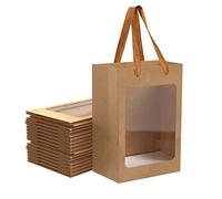 6 Pcs Brown Paper Gift Bags with Transparent Window, 9.84"x7.0"x5.12" Kraft Shopping Bags with Handles for Bouquet Christmas Birthdays Festivals Party Weddings Wrapping