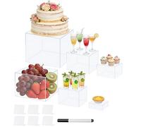 6 Pcs Buffet Risers, Acrylic Food Risers for Buffet Table, 3x4x5x6x7x8 Inch Display Stand Shelf for Party Catering Dessert Collectibles - Stackable Cube Boxes Display with Hollow Bottoms, Clear