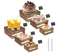 6 Pcs Buffet Risers with Mini Signs, Rustic Wood Cake Stands, Food Risers for Buffet Table, Dessert Display Stand, Wood Crates, Rustic Cake Stand for Party, Wedding, Birthday, Baby Shower, 3 Sizes
