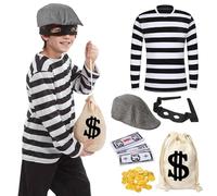 6 Pcs Burglar Costume Kids, Robber Costume Set with Bags Burglar Mask, Thief Costume Girls Boys for World Book Day Dress Up (Black, L)
