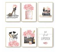 6 Pcs Canvas Wall Art, Fashion Pink Wall Art, with High Heels, Perfume, Leopard Print Decoration, Pink Room Decor, Wall Arts For Living Room, Posters For Bedroom for Women Girls, 8x12'' Unframed