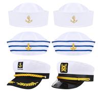 6 Pcs Captain Hat Boat Navy Sailor Hat White Blue Yacht Nautical Caps for Halloween Cruise Line Nautical Theme Party Cosplay Dress up Costume Accessory