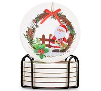 6 Pcs Ceramic Christmas Coasters with Holder - Best Absorbent Round Santa Drink Coasters for Xmas & Holiday - Vintage Table Set