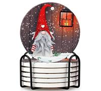 6 Pcs Ceramic Christmas Gnome Coasters With Holder - Best Absorbent Round Drink Coasters Set for Xmas Holiday - Vintage Table Cup Coasters Gift