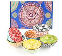 6 Pcs Ceramic Serving Bowls, 10 oz Chinese Rice Bowl with Gift Box, Bohemian Style Small Bowls Dessert Bowl, Porcelain Serving Bowls for Soup, Snack, Fruits, Salads, Dishwasher & Microwave Safe (Blue)