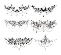 6 Pcs Chest Underboob Temporary Tattoos for Women Waterproof Fake Tattoo Extra Large Long Lasting Tattoo Stickers Sexy Rose Flower Semi Permanent Underboob Black Fake Tattoo Sticker