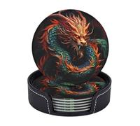 6 Pcs Chinese Dragon Coasters with Holder Round Leather Drink Coaster Non-Slip Coffee Cup Mat Absorbent Table Coasters for Tabletop Protection