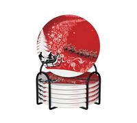 6 Pcs Christmas Magic Ceramic Coasters With Holder Best Absorbent Drink Coasters Round Shape Ceramic Table Coasters Set Decorative Coffee Cup Beverage Coasters Wine Beer Bar Coasters