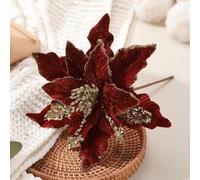6 Pcs Christmas Poinsettia Artificial Flowers Shining Glitter Artificial Flower for Xmas Tree Wreath Ornaments New Year Wedding Party Holiday Decoration(Burgundy)