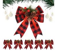 6 pcs Christmas Red Plaid Rows Large Red Bows Polyester Red Ribbons with Pine Cone Buffalo Plaid Red Bows for Christmas Tree Decorations Christmas Home Decor