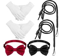 6 Pcs Circus Costumes Accessories Sets Faux Leather Whip Black Bullwhip Bow Ties Uniform Gloves for Circus Stage Performance Racing Ringmaster Cosplay Halloween Costume Accessories, White, One Size