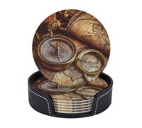 6 Pcs Coaster for Drinks, 4" Leather Drink Coasters with Holder, Compass and Old World Map Cup Coaster for Coffee Table Tabletop Protection, Drinking Coasters Cup Mat for Drinks