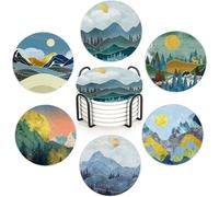 6 Pcs Coasters for Drinks with Holder, Abstract Mountain Sun Absorbent Ceramic Coasters with Cork Base,Cute Funny Table Drinks Coasters Tabletop Protection Mat,Table Home Decor,4 Inches