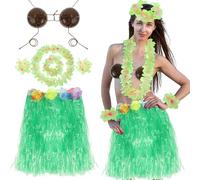 6 PCS Coconut Bra Hawaiian Grass Hula Skirt Costume Set, Flowers Dance Leis Outfits for Women Cosplay Beach Party, Yellow (Green)
