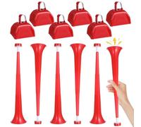 6 Pcs Collapsible Stadium Horns, with 6 Pcs Metal Cowbells, 21" Plastic Blow Horns, Red Trumpets with Cow Bells, Noisemakers Set, Portable Cheering Equipment for Sports, Graduation, Party