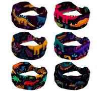6 PCS Colorful Hand Drawn Dinosaur Pattern (2) Women Headbands Wide Hair Wrap Extra Turban Head Bands for Lady Large Sport Workout Stretch Non-slip Big Hair Bands