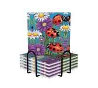 6 Pcs Colorful Ladybird Ceramic Coasters With Holder Best Absorbent Drink Coasters Square Ceramic Table Coasters Set Decorative Coffee Cup Beverage Coasters Wine Beer Bar Coasters