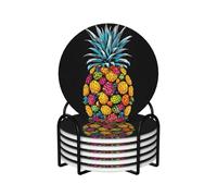 6 Pcs Colorful Pineapple Ceramic Coasters With Holder Best Absorbent Drink Coasters Round Shape Ceramic Table Coasters Set Decorative Coffee Cup Beverage Coasters Wine Beer Bar Coasters