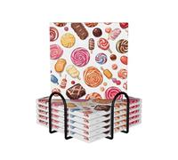 6 Pcs Colorful Sweet Lollipop Cupcake Donut Ceramic Coasters With Holder Best Absorbent Drink Coasters Square Ceramic Table Coasters Set Decorative Coffee Cup Beverage Coasters Wine Beer Bar Coasters
