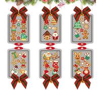 6 Pcs Cookie Tray with Gingerbread Ornament Wood Christmas Ornaments Gingerbread Men Baked Cookies on Tray Ornaments with 6 Pcs Gingham Bows for Christmas Tree Decor
