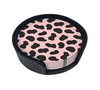 6 Pcs Cow Skin Spots Pink Leather Coasters for Drinks with Holder Coaster Sets Drink Table Cup Coasters for Living Room Kitchen Coffee Decor