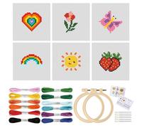 6 Pcs Cross Stitch Beginner Kit for Kids 8-15, Includes 6 Embroidery, 12 Colorful Embroidery Threads,6 Embroidery Needles,2Embroidery Hoops&Instructions - Heart Butterfly Rainbow Flower Sun Strawberry