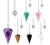 6 Pcs Crystal Pendulum Set, Natural Gemstone Hexagonal Cone Pendant, Black Agate, Tiger Eye, Amethyst, White Crystal, Rose Quartz, Green Aventurine with Hollow Chain, Divination Tools for Well-being