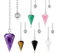 6 Pcs Crystal Pendulum Set, Natural Gemstone Hexagonal Cone Pendants, Includes Black Agate, Tiger Eye, Amethyst, White Crystal, Rose Quartz, Green Aventurine with Hollow Chain, Divination Tools
