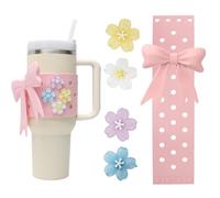 6 PCS Cup Decoration Set for Stanley 40/30oz, Cute Bow Design Silicone Sleeve Includes DIY Sakura Charms, Protective Sleeve Cover for Stanley Cup Accessories, Pink