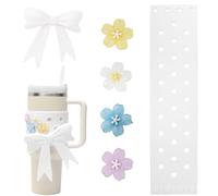 6 PCS Cup Decoration Set for Stanley 40/30oz, Cute Bow Design Silicone Sleeve Includes DIY Sakura Charms, Protective Sleeve Cover for Stanley Cup Accessories, White