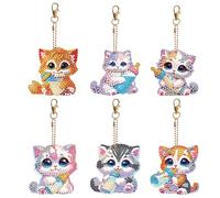 6 Pcs Cute Cat Pattern Diamond Art Painting Keychains 5D DIY Double Sided Animal Handmade Mosaic Painting Key Rings Bottle Cat Rhinestone Embroidery Mosaic Diamond Pendant for Key Case Purse Decor (A)