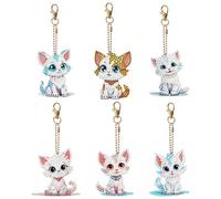 6 Pcs Cute Cat Pattern Diamond Art Painting Keychains 5D DIY Double Sided Animal Handmade Mosaic Painting Key Rings Bottle Cat Rhinestone Embroidery Mosaic Diamond Pendant for Key Case Purse Decor (B)