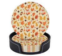 6 Pcs Cute Fox Surrounded by Autumn Leaves and Acorns Leather Coasters for Drinks with Holder Round Mug Mat Table Desk Coasters Set Cup Coasters for Living Room Kitchen Coffee Decor