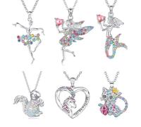 6 Pcs Cute Necklaces for Teen Girls - Kids Jewellery Adorable Pastel Crystal Necklace for Little Girls - Ballerina Ballet Necklace for Girls - Fairy Necklace for Girls - Unicorn Squirrel Cat Gifts