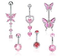 6 Pcs Dangly Belly Button Rings Set, Silver Navel Bars CZ for Women, Cute Butterfly Piercing Jewellery Pack, Belly Button Bars with Cute Heart Butterfly Elements