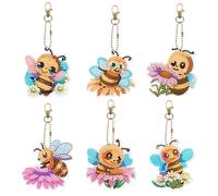 6 Pcs Diamond Art Key Chains Bees and Flowers Hanging Decorations DIY Kits 5D Small Diamond Art Painting Keychains Bee Ornaments Double Sided Beads by Number Crafts Key Ring Schoolbag Charm for Girls
