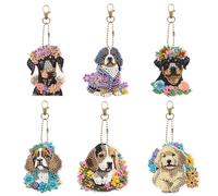6 Pcs Diamond Art Painting Keychains Dogs with Flowers Hanging Ornaments DIY Kits 5D Small Diamond Art Key Chains Rings Pendant Decorations Double Sided Rhinestones Art by Number Backpack Charm Decor