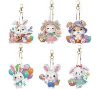 6 Pcs Diamond Art Painting Keychains Easter Bunny Hanging Ornaments DIY Kits 5D Small Diamond Art Key Chains Rings Easter Hanging Decorations Double Sided Special Beads by Number Backpack Charm Decor