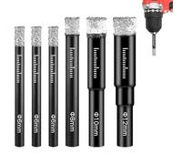 6 PCS Diamond Drill Bit, 6/6/6/8/10/12mm Porcelain Tile Drill Bits Set Diamond Core Drill Bit for Granite Marble Glass & Hard Materials, Round Shank with Wax Core for Cool Heat Dissipation