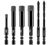 6 PCS Diamond Drill Bits, Porcelain Tile Drill Bits Set, 6/8/10/12mm Round Shank Dry Diamond Drills Bits and 6mm Hex Shank D-rill Bit for Tiles Granite Porcelain Glass Marble Hard Materials