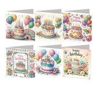 6 Pcs Diamond Painting Birthday Cards, 5D DIY Handmade Diamond Art Greeting Card Set with Envelopes, Gem Art Birthday Cards Kit for Family Friends Lovers, Happy Birthday Craft Gift