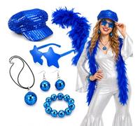 6 Pcs Disco Fancy Dress Set 70s ABBA Costume Blue Boa and Star Glasses