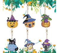 6 Pcs DIY Halloween Diamond Art Painting Keyrings 5D Double Sided Diamond Art Keyrings Kits Witch Hat Pumpkin Owl Halloween Full Drill Diamond Keyrings for Beginners Halloween Handmade Gifts