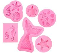 6 Pcs DIY Marine Themed Silicone Fondant Chocolate Moulds Set, Reusable Sweet Baking Molds Tools, Mermaid Tail Ocean Seashell 3D Shaped Molds for Cake Chocolate Candy Fondant Muffin Ice Jelly