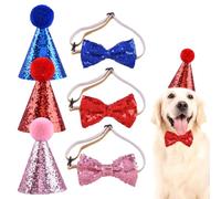 6 PCS Dog Birthday Hat with Pet Bow Tie Adjustable Mini Party Hats Cute Cat Dog Hats with Pompons Cone Small Party Hats for Puppy Kitten Rabbit Small Animals Costume Accessories